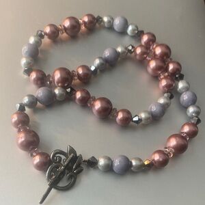 Artisan crystal beaded Rose Gold and Silver faux Pearl toggle close Necklace